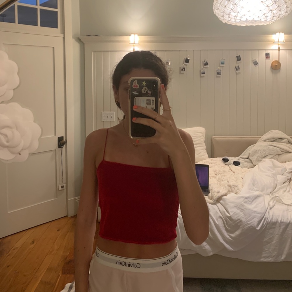 emma chamberlain high key red velvet top